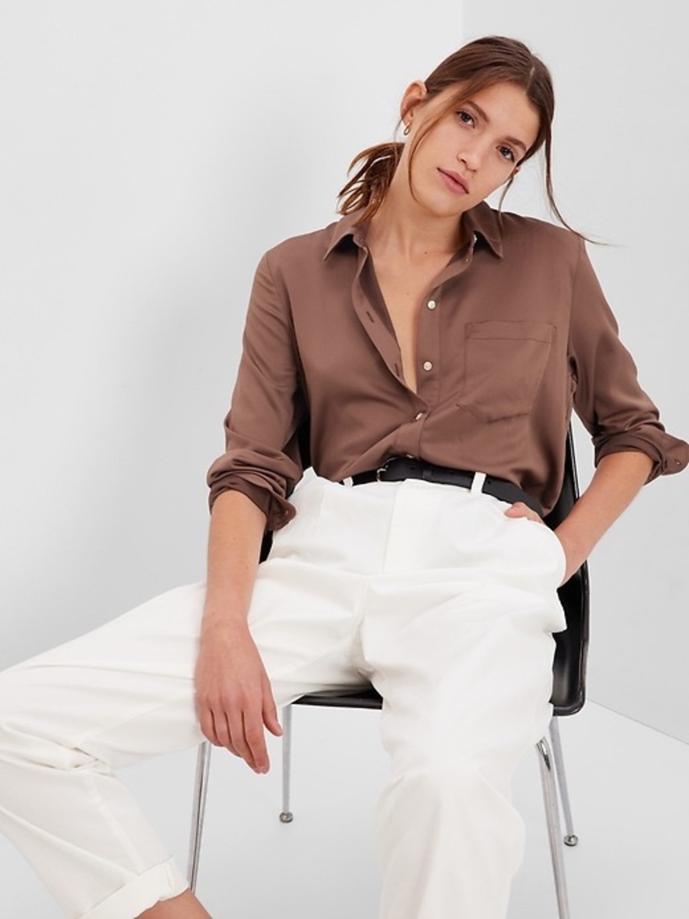 GAP Classic Brown Satin Button-Up Shirt